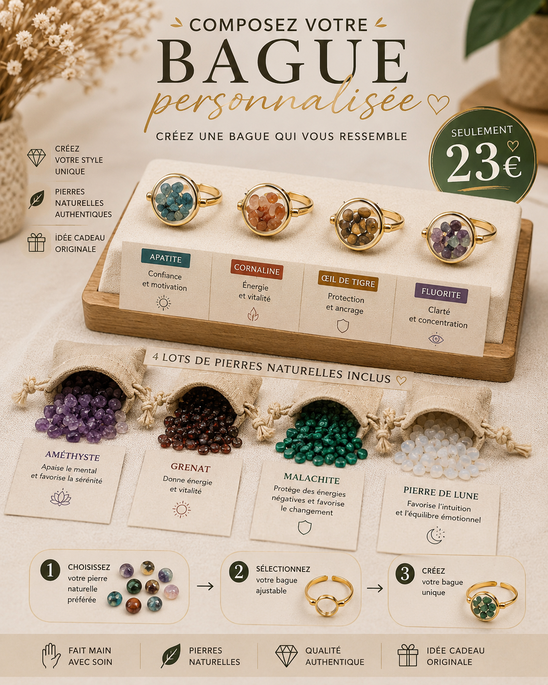 Bague Médaillon à Pierres Naturelles Personnalisable